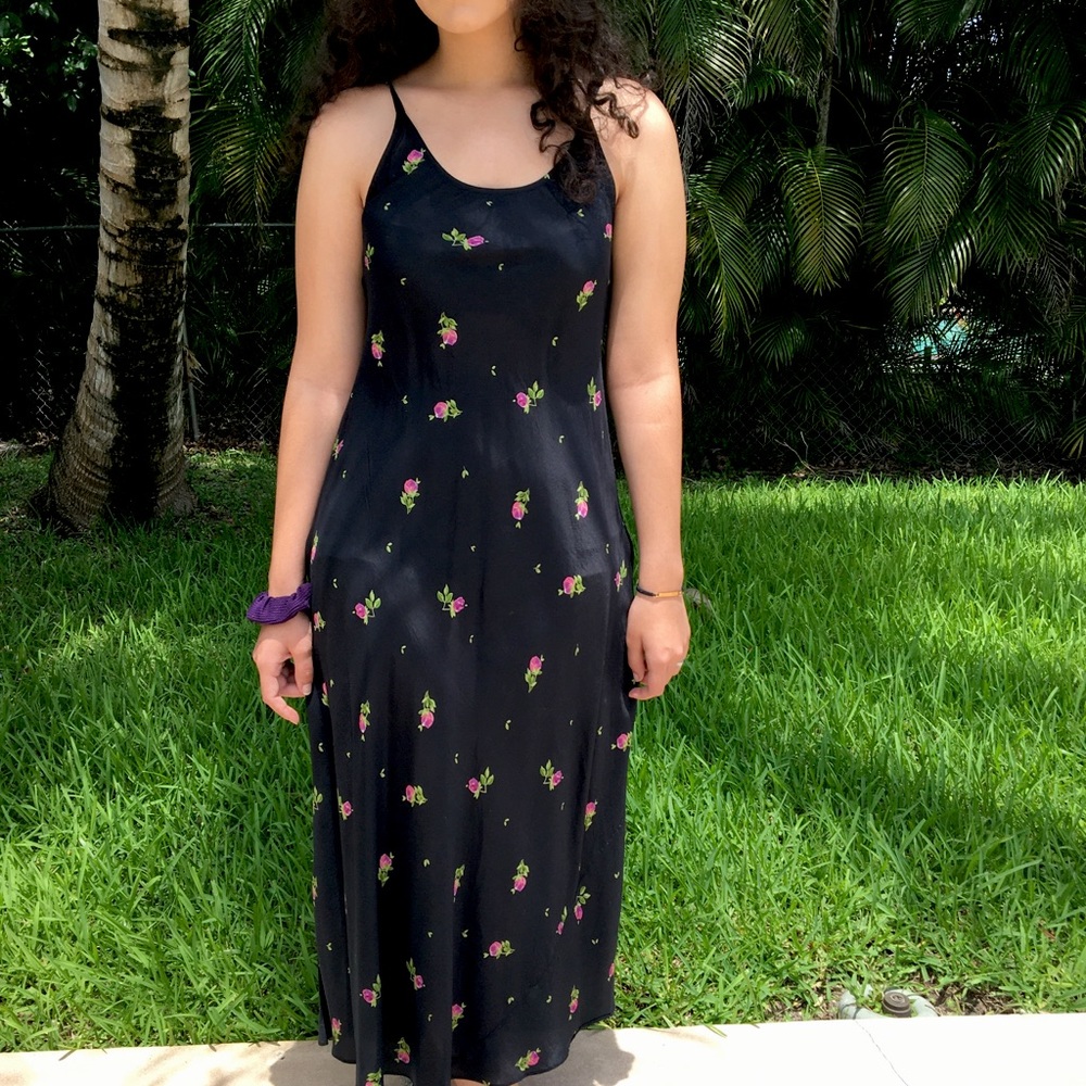 Vintage Black and Rose Patterned Maxi Dress Size L